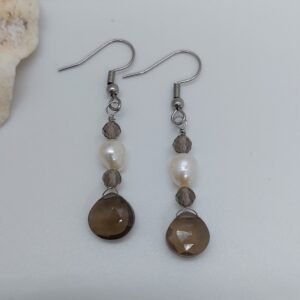 Boucles quartz fumé et perles