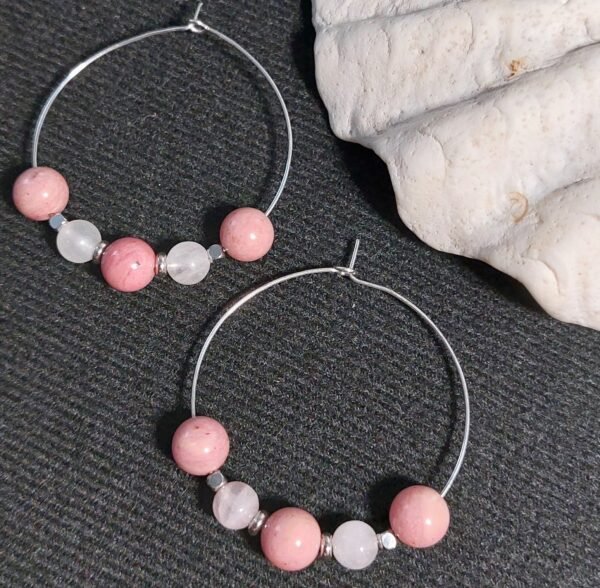 Boucles créoles en rhodonite et quartz rose – Image 2