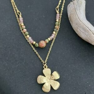 Collier unakite et quartz fraise