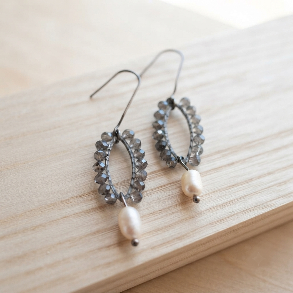 Boucles Ombrelle - Quartz fumé et perles